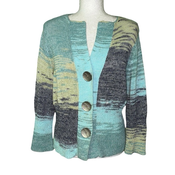 LN Anthropologie Curio New York Blue Lime Green Colorblock Button Cardigan - M - Picture 1 of 11